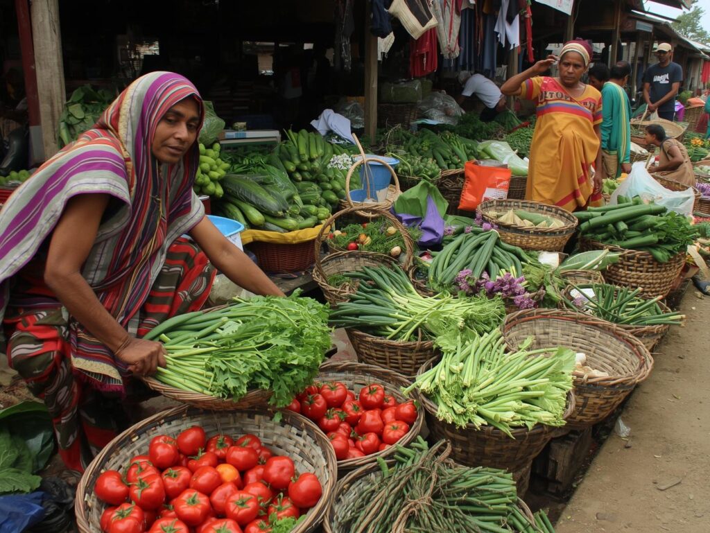 rural farming & vegetable markets concept local farmers fresh vegetable baskets traditional bengali agricultural life village market atmosphere