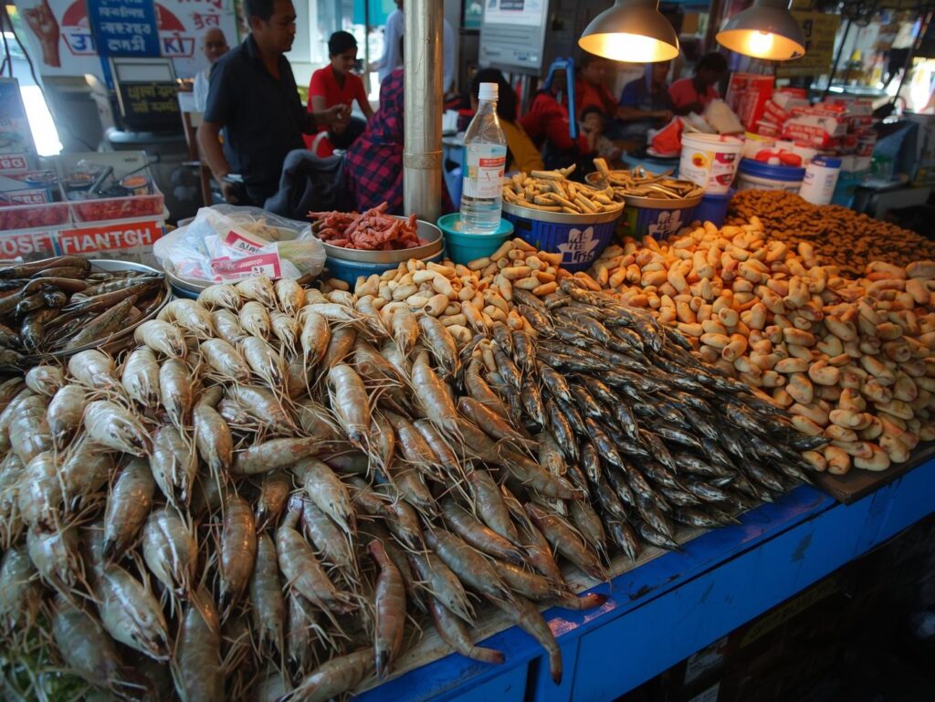 seafood & prawn culture concept fresh prawns seafood preparation bengali fish cuisine local seafood market atmosphere